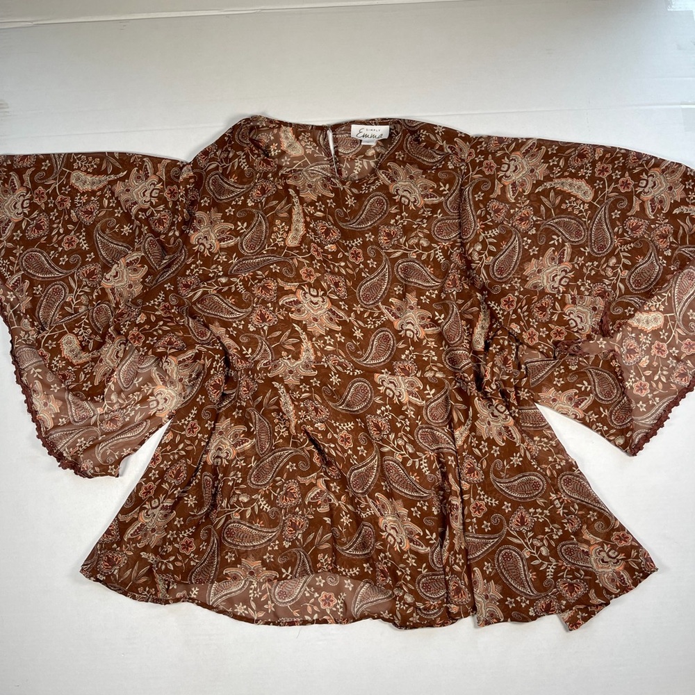 Simply Emma Brown Paisley Wrap Top with Flutter Sleeves